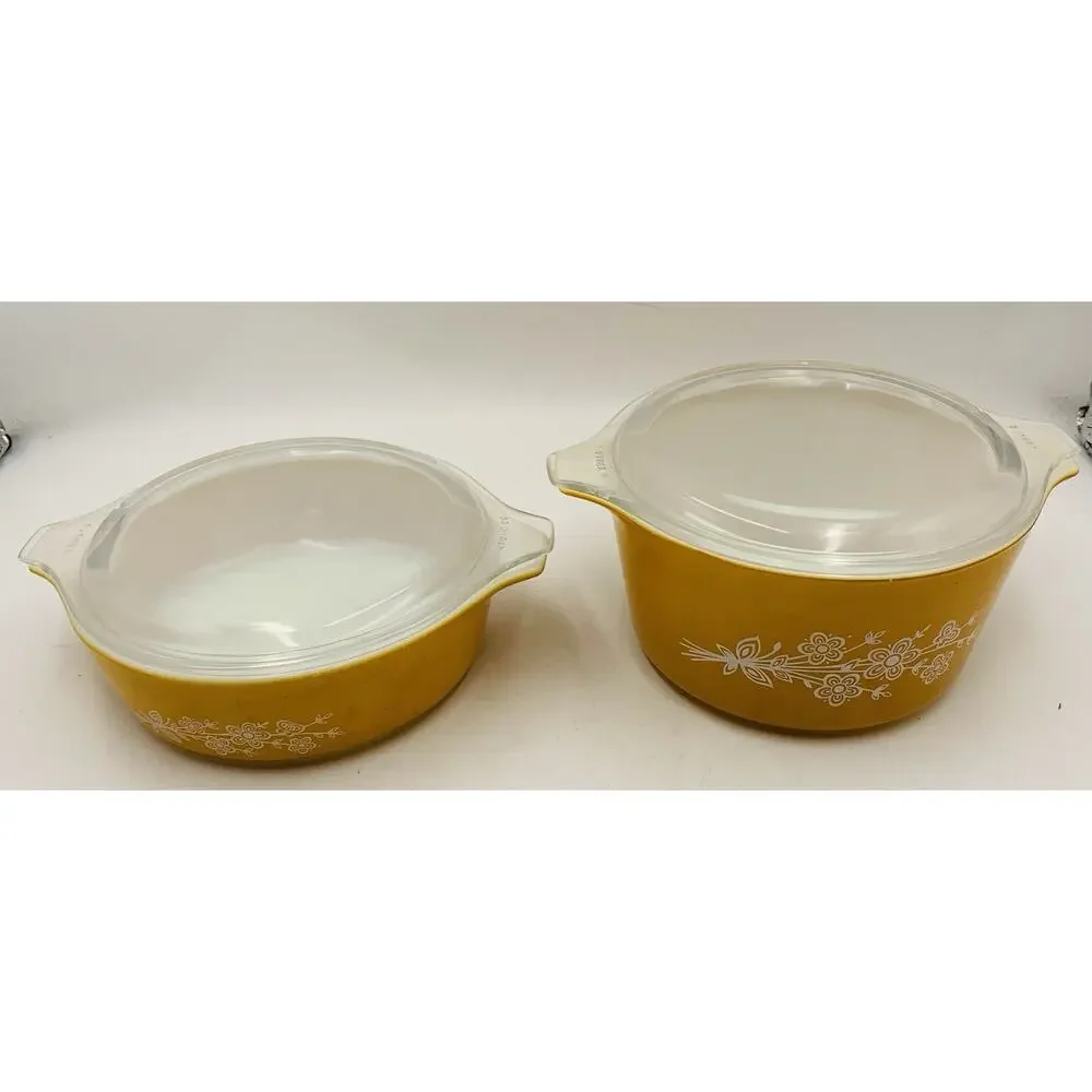 Pyrex Vintage Butterfly Gold Casserole Dishes 1L & 1.5L 473-b 474-b w/ Lids
